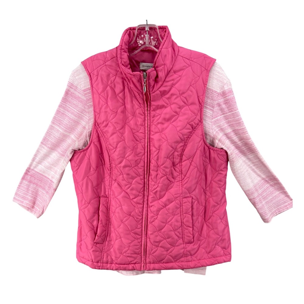 Christopher & Banks Vest Shirt Set Womens M Pink Quilted Zip Vest Striped Shirt